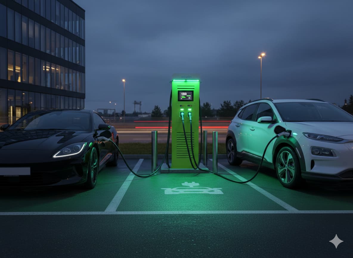 eJoin All-in-One DC villámtöltő irodaház parkolójában, két elektromos autót tölt egyszerre