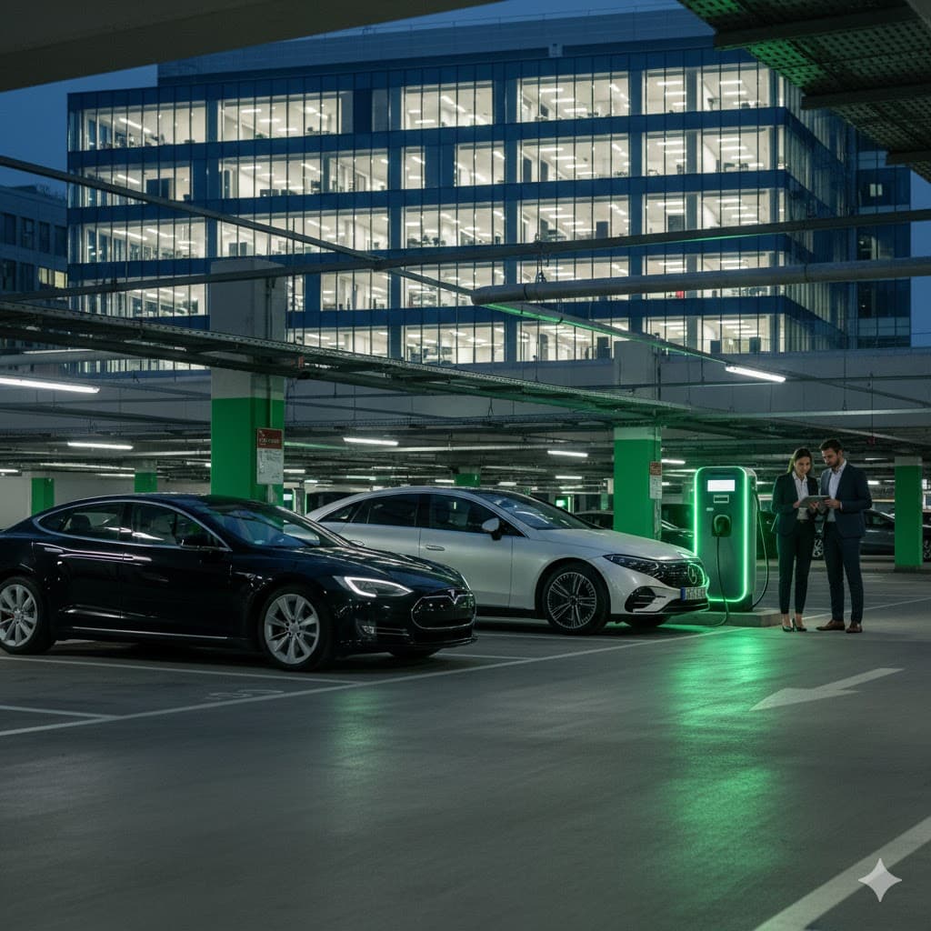 Vállalati AC elektromos autó töltő telepítése irodaház mélygarázsában