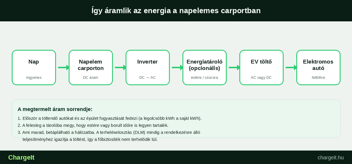 Napelemes carport energiaáramlása: napelem, inverter, energiatároló és EV töltő útvonala