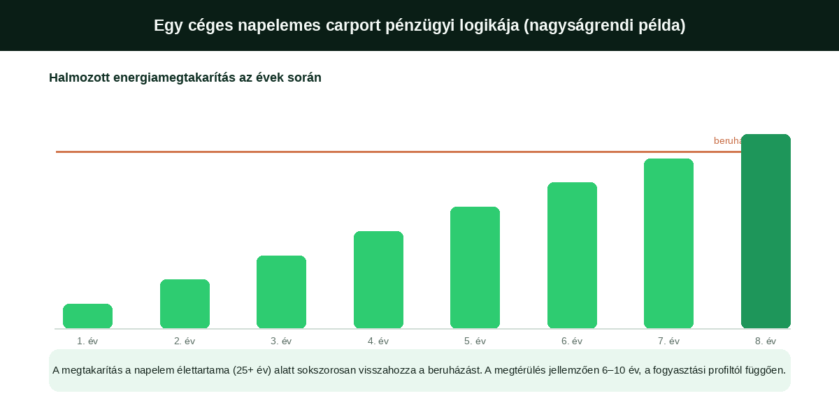 Napelemes carport pénzügyi megtérülése: halmozott energiamegtakarítás és a beruházás visszatérülése évek szerint