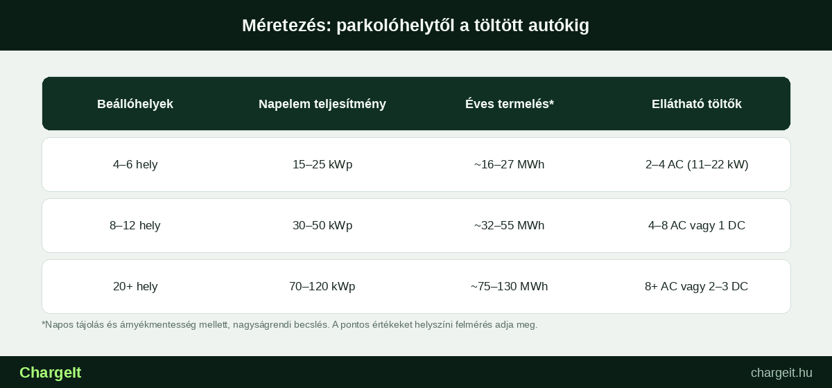 Napelemes carport méretezése: parkolóhelyek, kWp teljesítmény és ellátható EV töltők