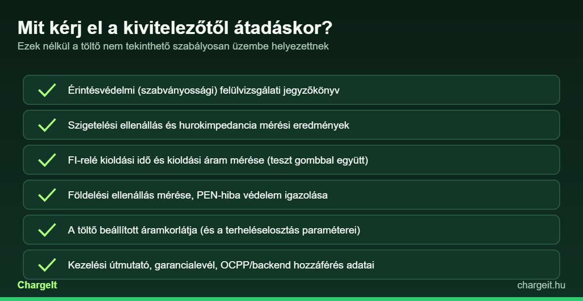 EV-töltő átadási checklist: érintésvédelmi jegyzőkönyv és mérési dokumentumok