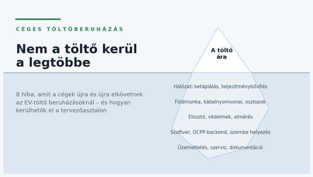 Céges EV-töltő beruházás rejtett költségei – jéghegy ábra: a töltő ára csak a látható rész, alatta a hálózati betáplálás, kivitelezés, szoftver és üzemeltetés