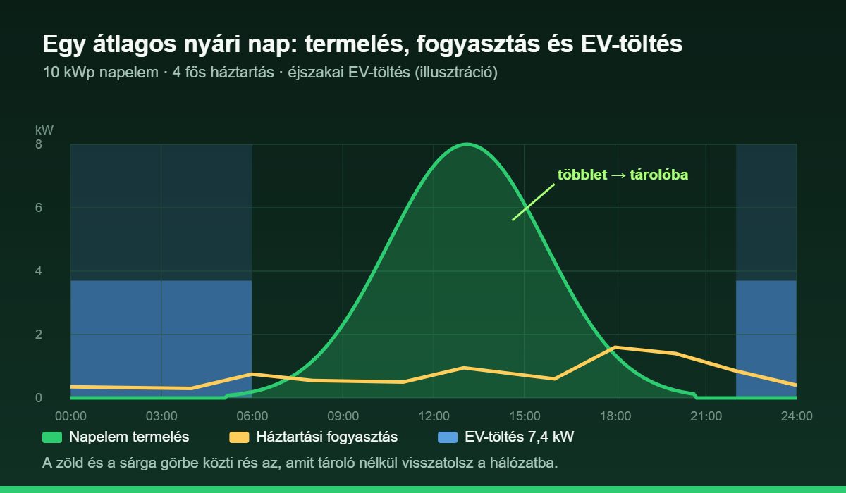 Napelem termelés, épületfogyasztás és EV-töltés napi görbéje: mikor éri meg napközben tölteni a saját napenergiából