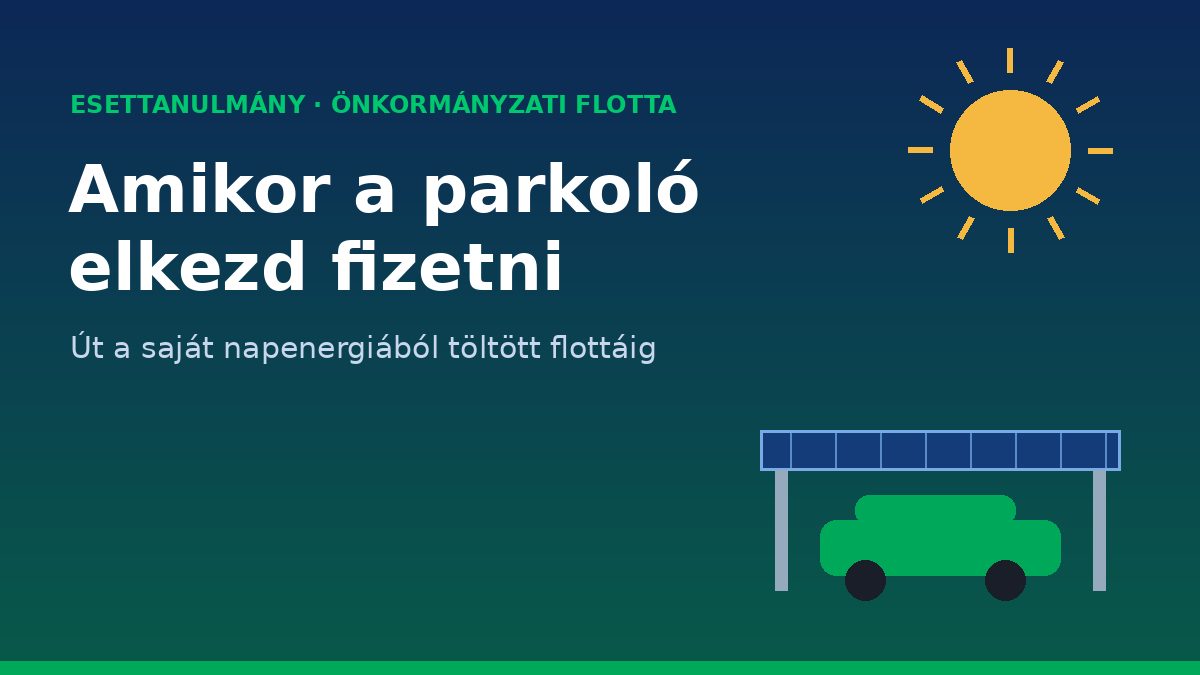 Elektromos szolgálati autók egy önkormányzati parkolóban, napelemes árnyékolás alatt, töltés közben.