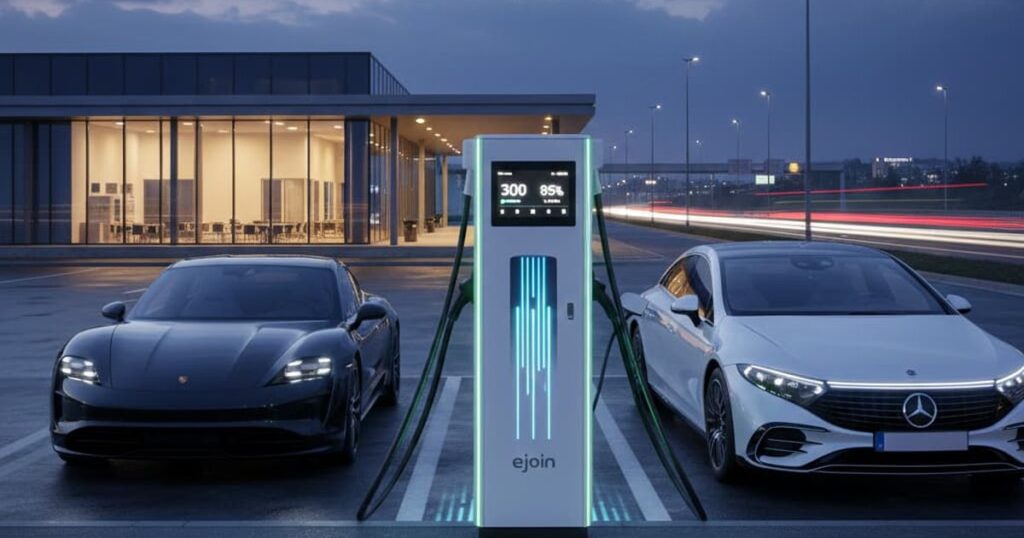 AFIR-megfelelő 300 kW-os DC gyorstöltő állomás két töltő elektromos autóval, háttérben autópálya-forgalommal alkonyatkor