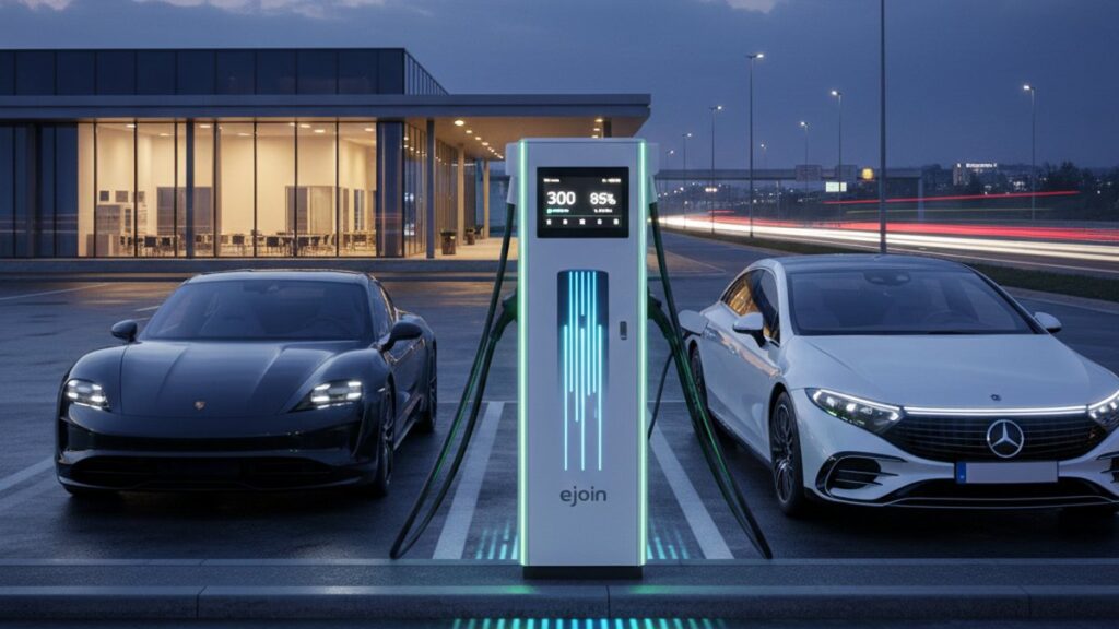 DC gyorstöltő oszlop autópálya melletti pihenőhelyen, két elektromos autóval – töltőpark helyszínválasztás