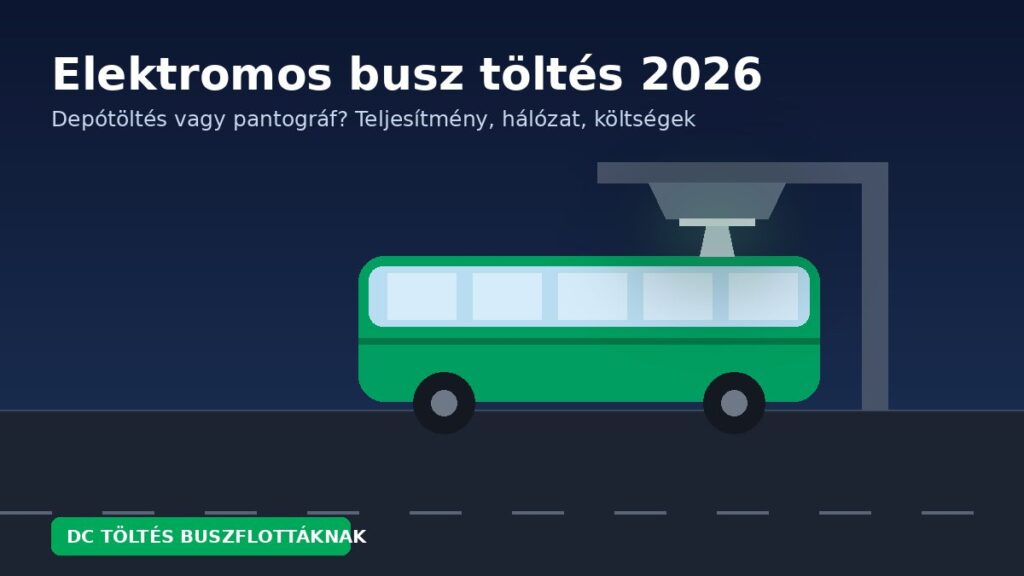 Elektromos busz töltés 2026: stilizált villanybusz pantográf töltőárboc alatt egy buszdepóban éjszaka – depótöltés vagy pantográf