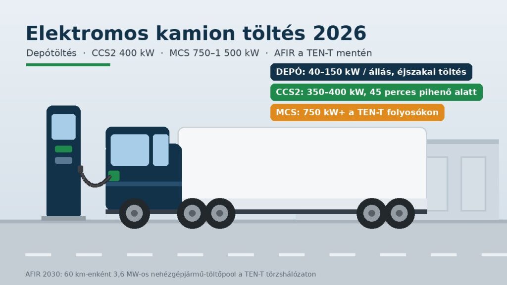 Elektromos kamion töltés 2026: nyergesvontató DC töltőterminálnál, depótöltés, CCS2 400 kW és MCS megawattos töltés, AFIR a TEN-T mentén