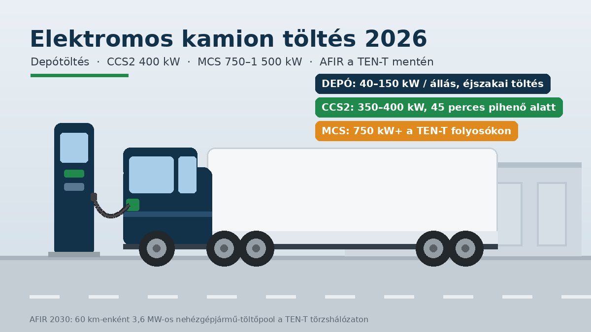 Elektromos kamion töltés 2026: nyergesvontató DC gyorstöltő terminálnál, CCS2 400 kW és MCS megawattos töltés